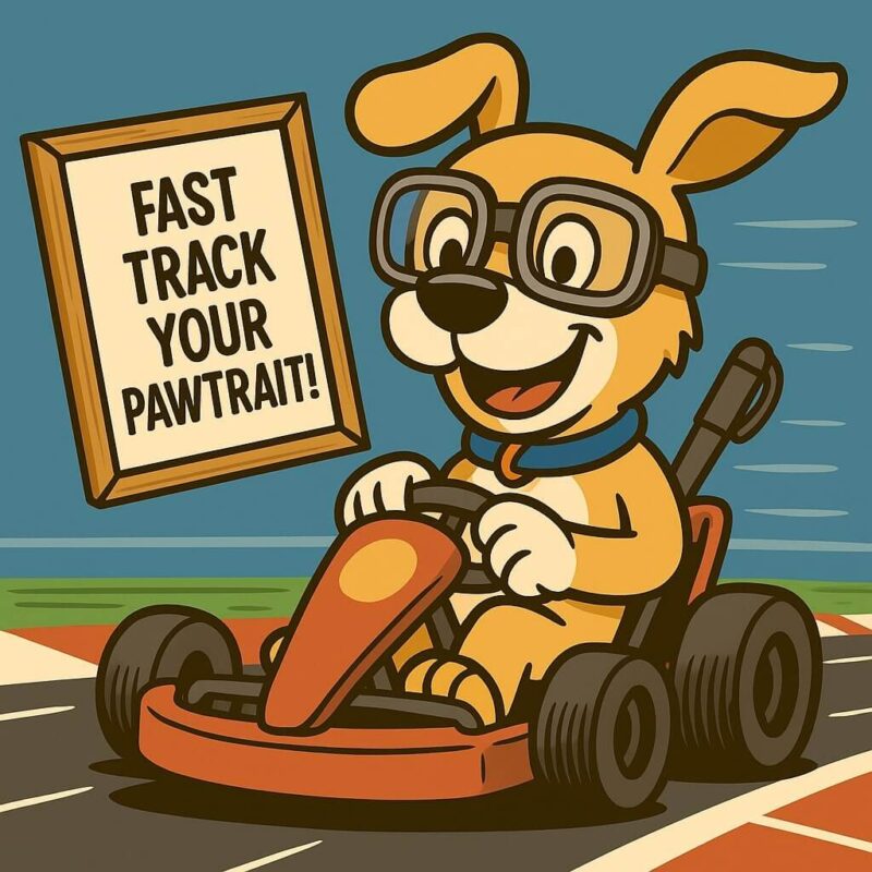 Fast Track Your Pawtrait The Pawcasso mascot dog in a racing car