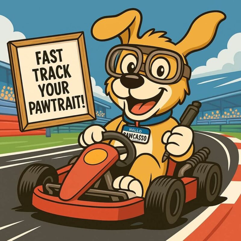 The Pawcasso mascot dog in a racing car