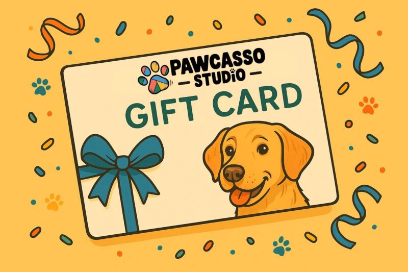 Illustrated Pawcasso Studio gift card featuring a cartoon golden dog and a large blue bow.