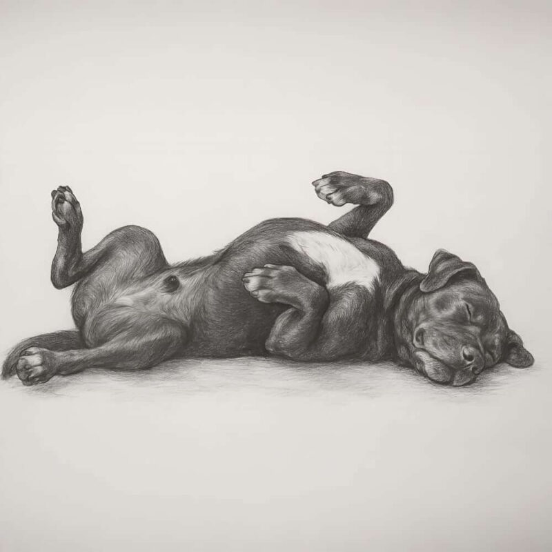 Pencil Sketch portrait of a Cane Corso asleep on his back