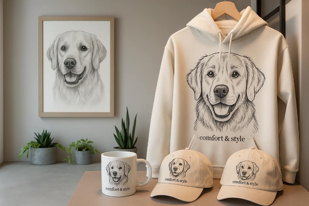 A selection of merch featuring pencil sketch pet portraits including hoodie, hats mugs and prints