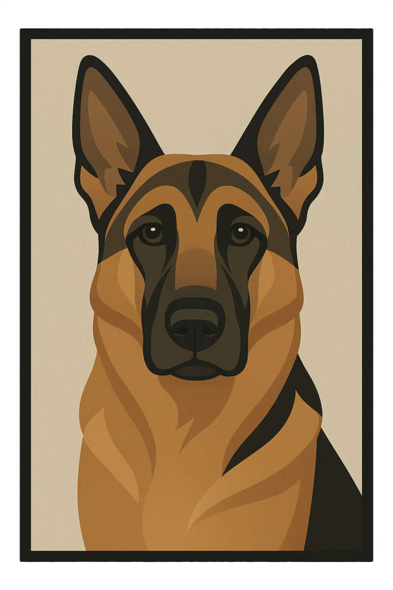 Modern, minimal portrait of a German Shepherd