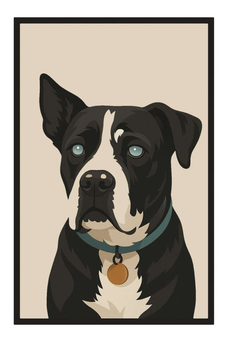 Modern, minimal portrait of a Staffordshire Bull Terrier