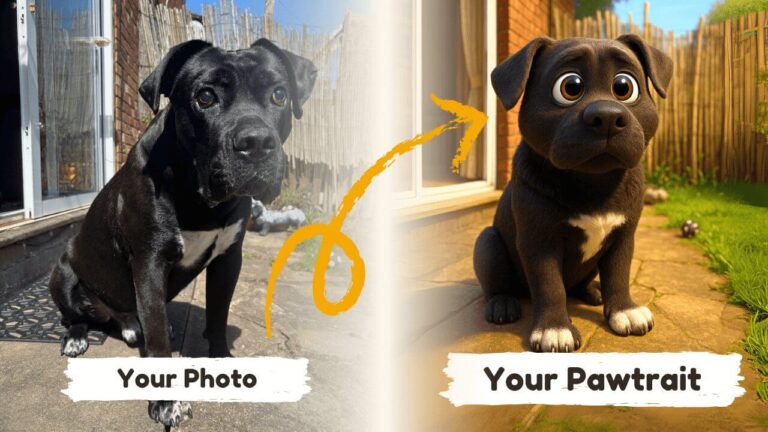 Before & after example of a dog in a CGI style