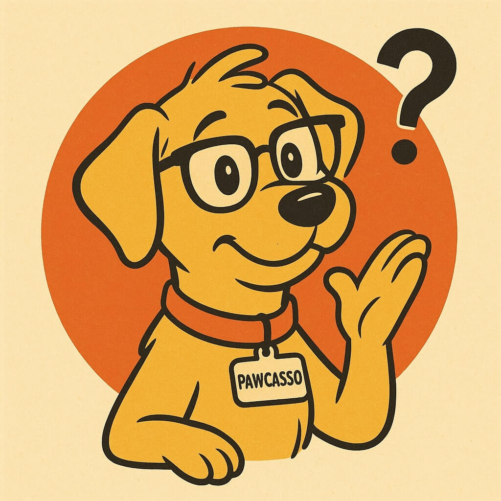Pawcasso mascot cartoon dog wearing glasses with a question mark above him
