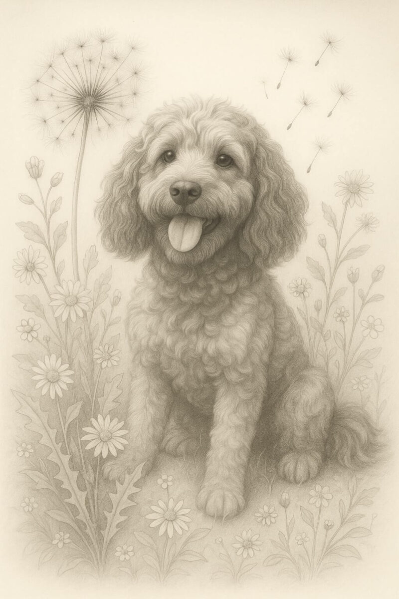 Botanical pencil sketch of a cockapoo