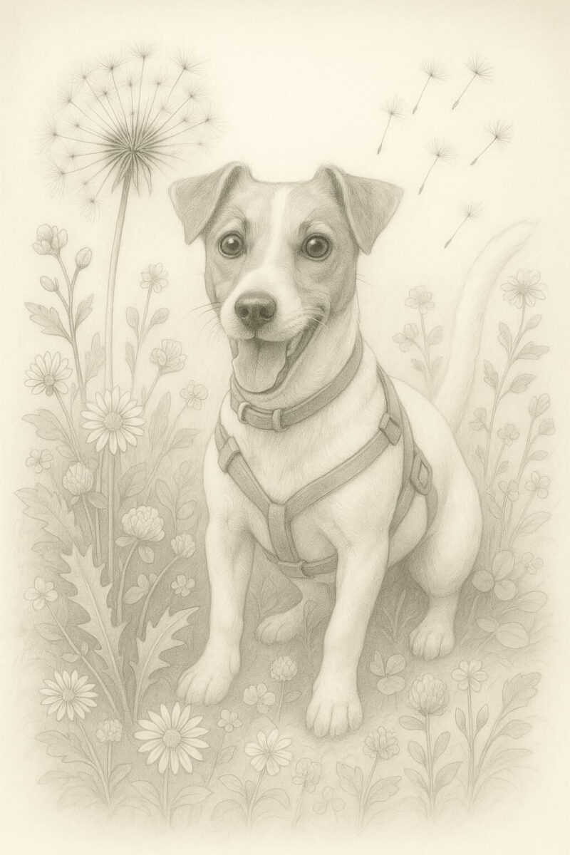 Botanical pencil sketch of a Jack Russel