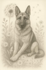 Botanical pencil sketch of a German Shepherd