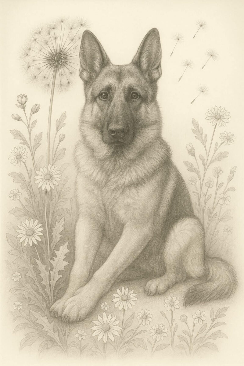 Botanical pencil sketch of a German Shepherd