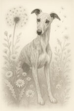 Botanical pencil sketch of a Whippet