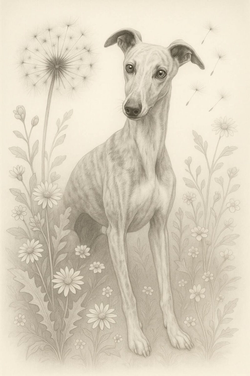 Botanical pencil sketch of a Whippet