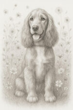 Botanical pencil sketch of a Spaniel
