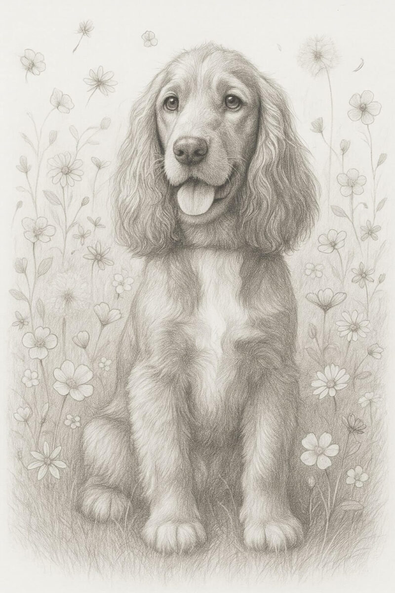 Botanical pencil sketch of a Spaniel