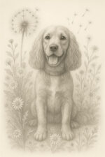 Botanical pencil sketch of a Spaniel