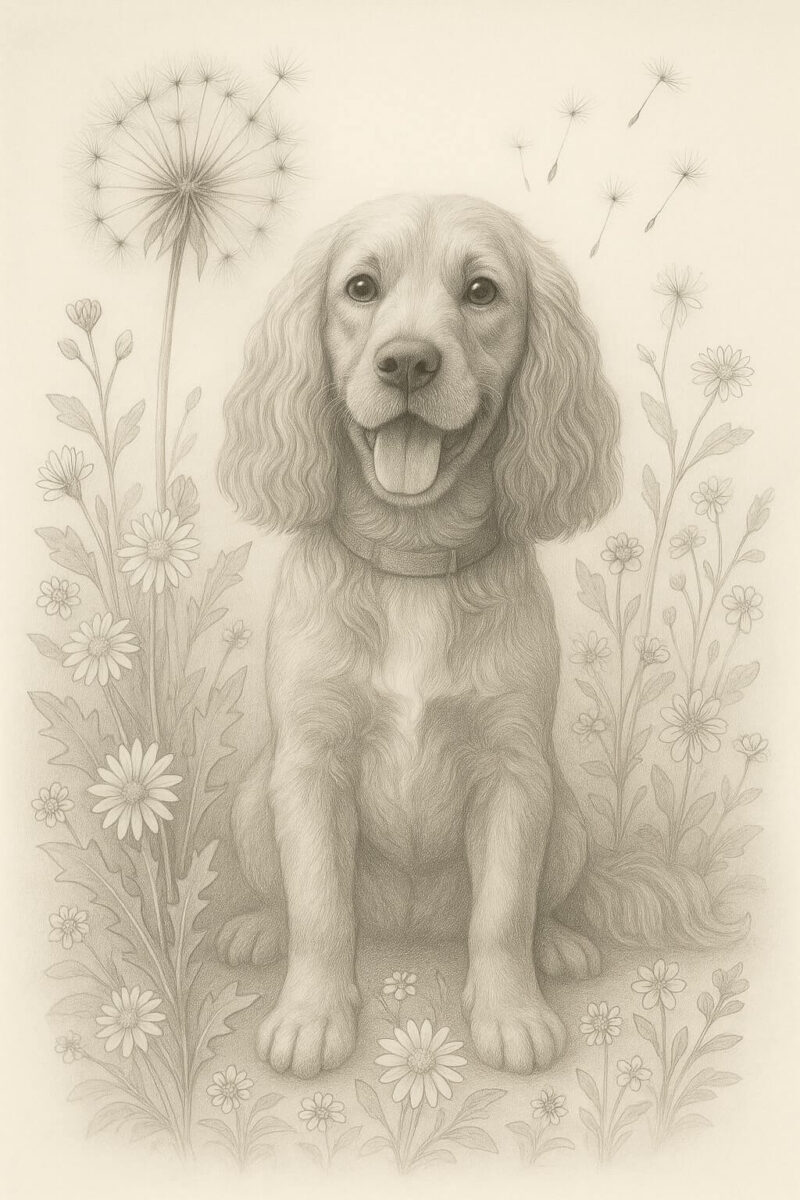 Botanical pencil sketch of a Spaniel