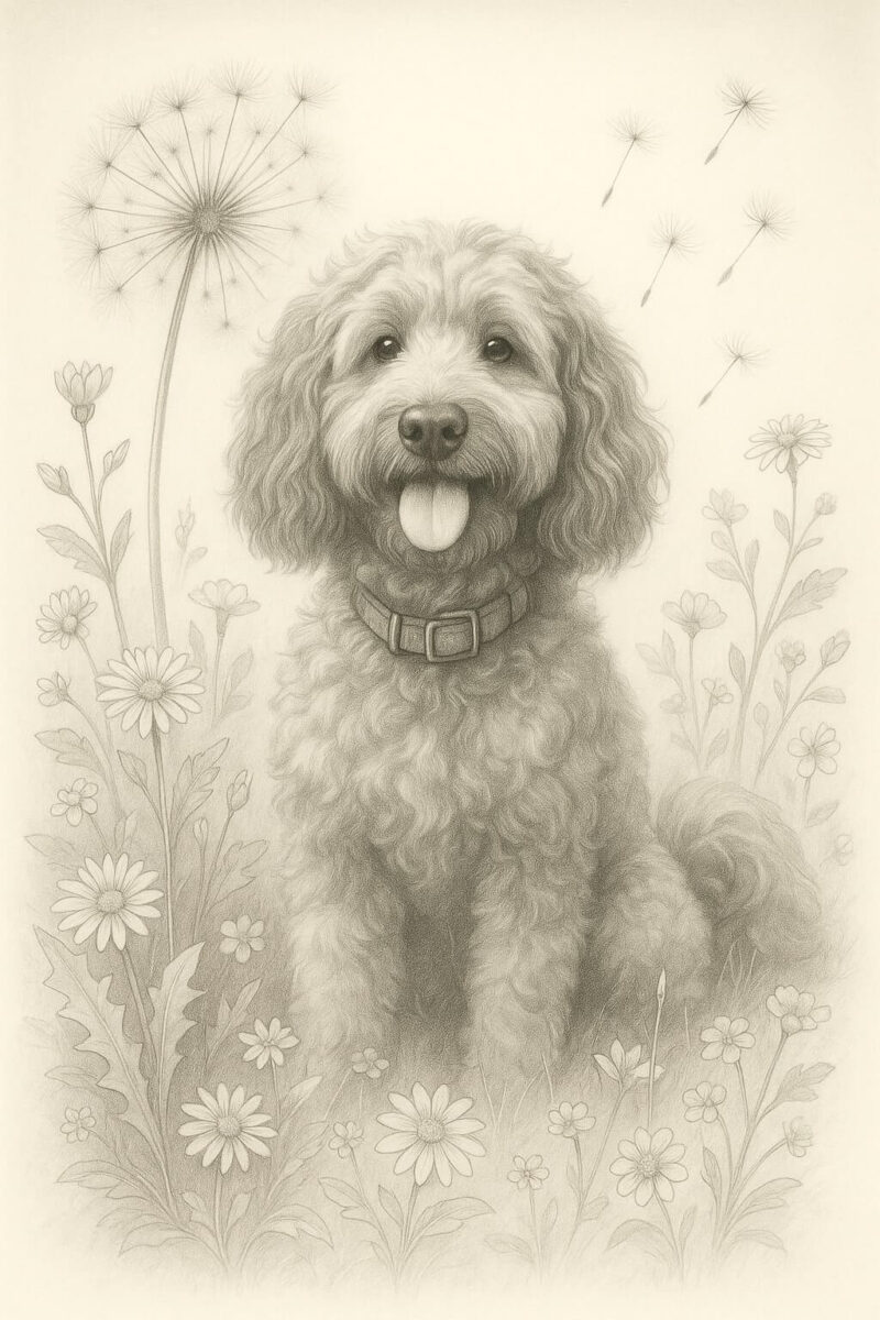 Botanical pencil sketch of a Cockapoo