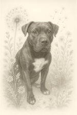 Botanical pencil sketch of a Staffordshire Bull Terrier