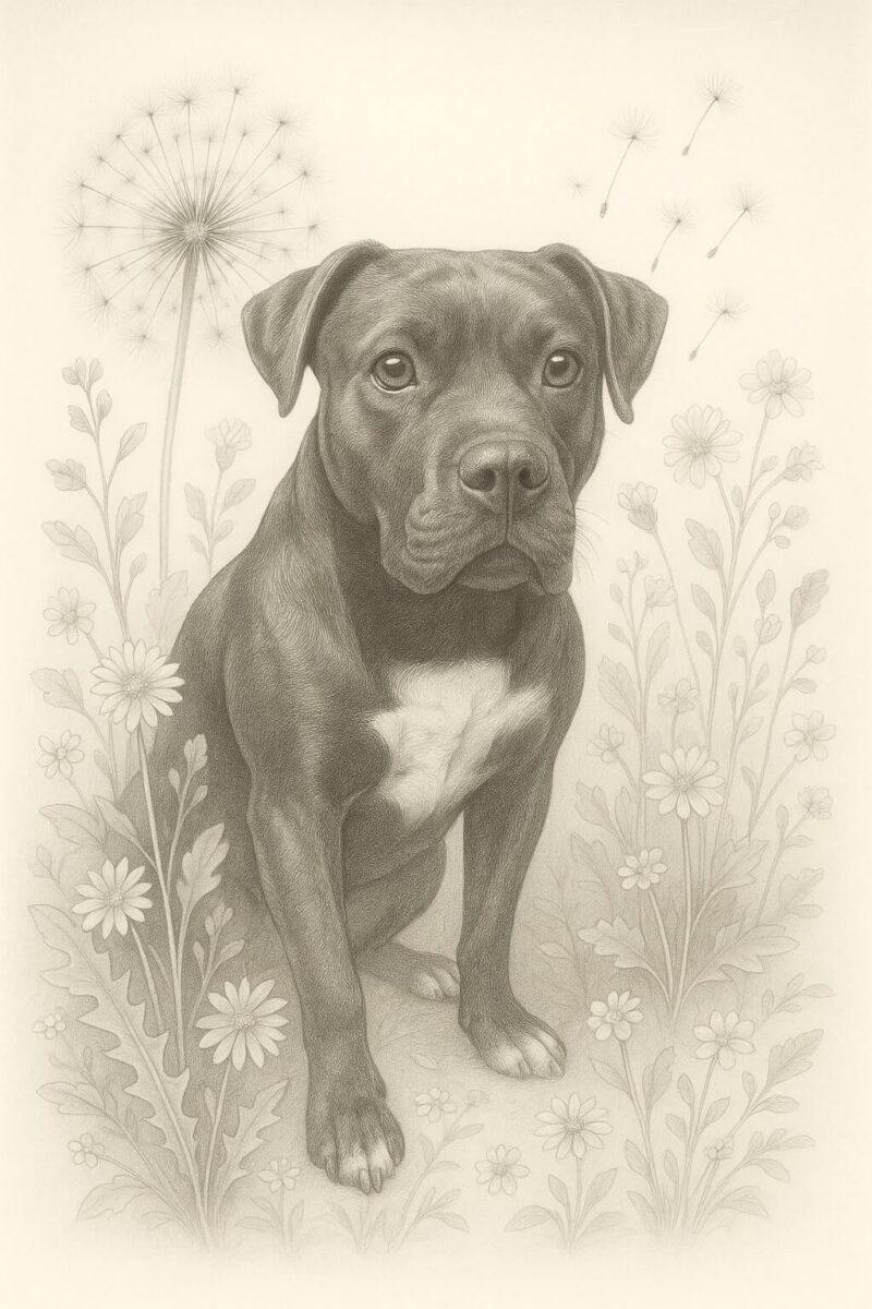 Botanical pencil sketch of a Staffordshire Bull Terrier