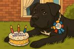 Classic cartoon style Cane Corso with a birthday cake