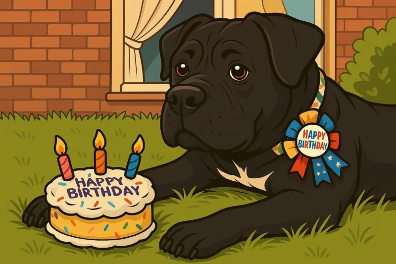 Classic cartoon style Cane Corso with a birthday cake
