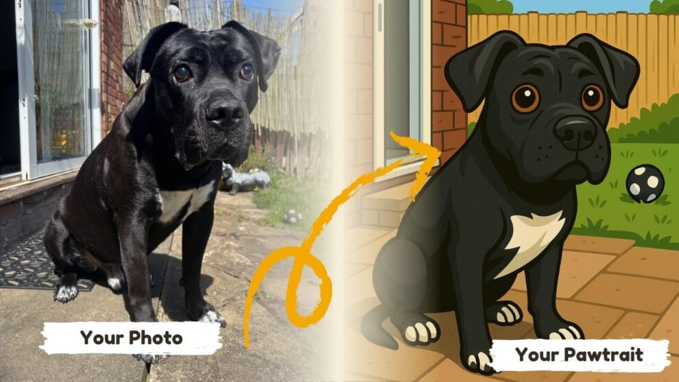 Before & after example of a cartoon drawing of a dog