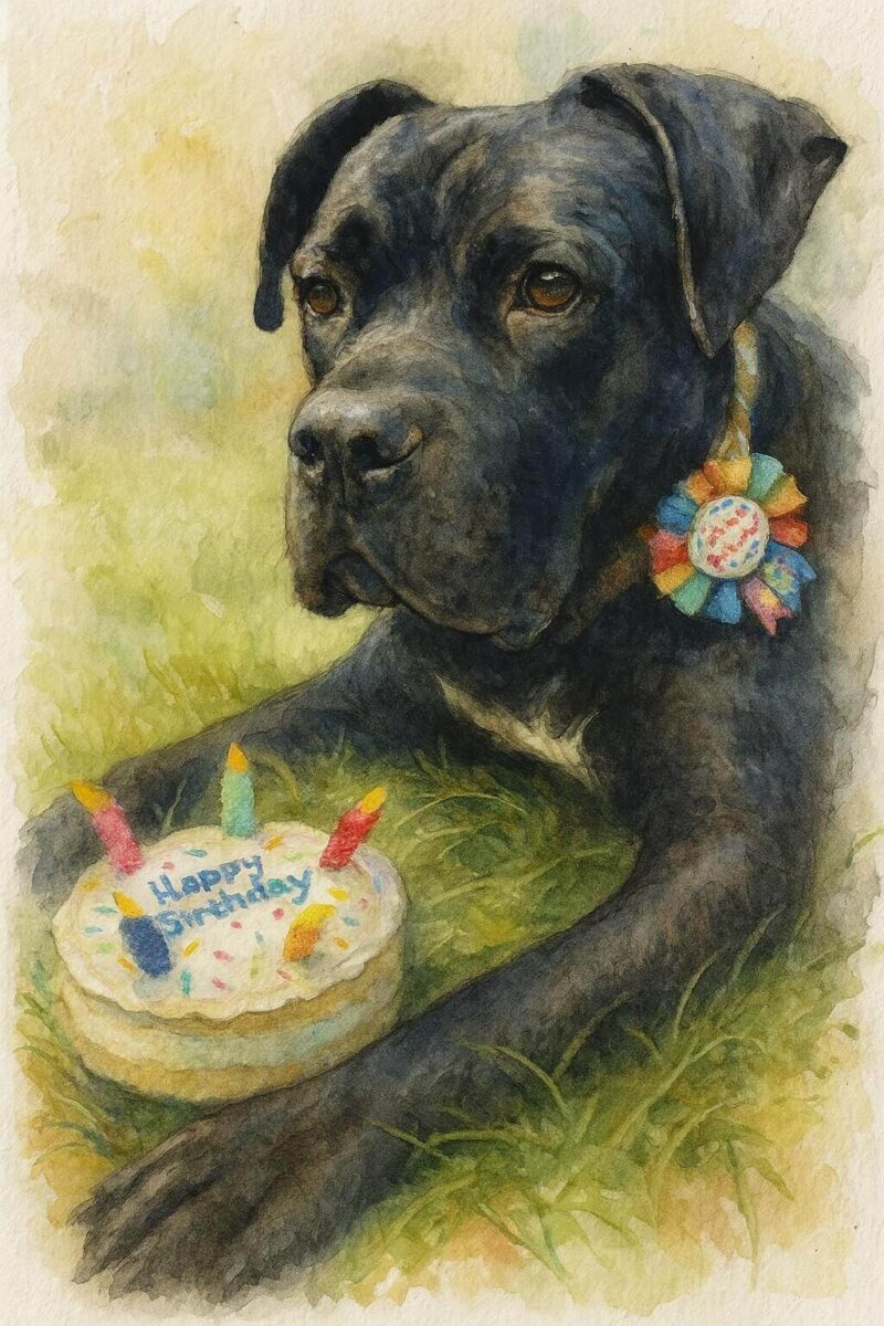 Watercolour painting portrait of a Cane Corso with a birthday cake