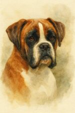 Watercolour painting portrait of a Boxer dog