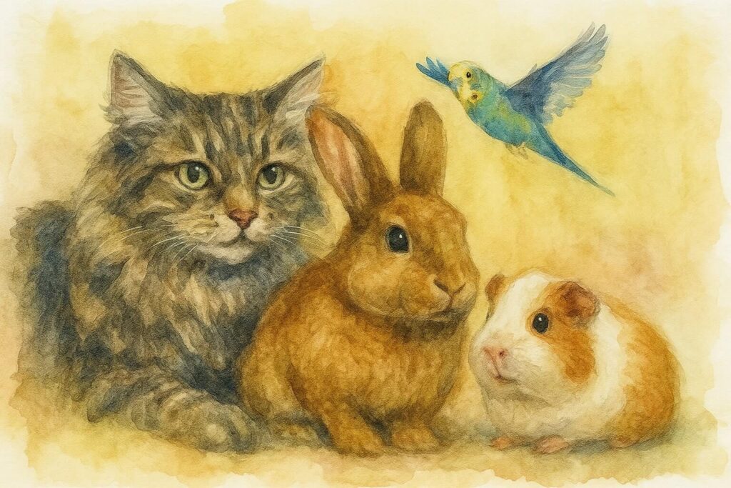 A watercolour style image of cat, rabbit, guinea pig, and bird.