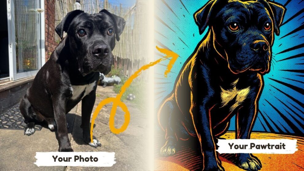 Before & after example of a Comic Book style portrait of a dog