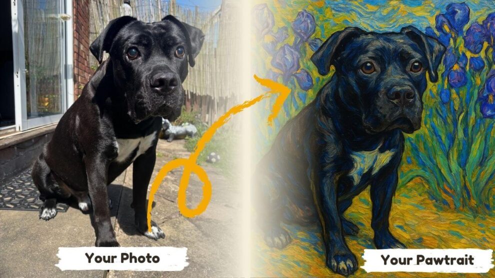 Before & after example of a Van Gogh style portrait of a dog