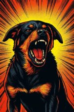 A comic book style image of a Rottweiler