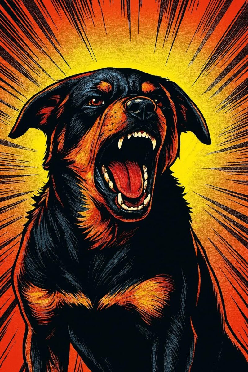 A comic book style image of a Rottweiler