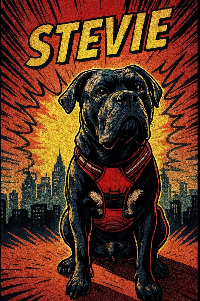A mock Comic Book cover with a Cane Corso sitting in front of a city skyline