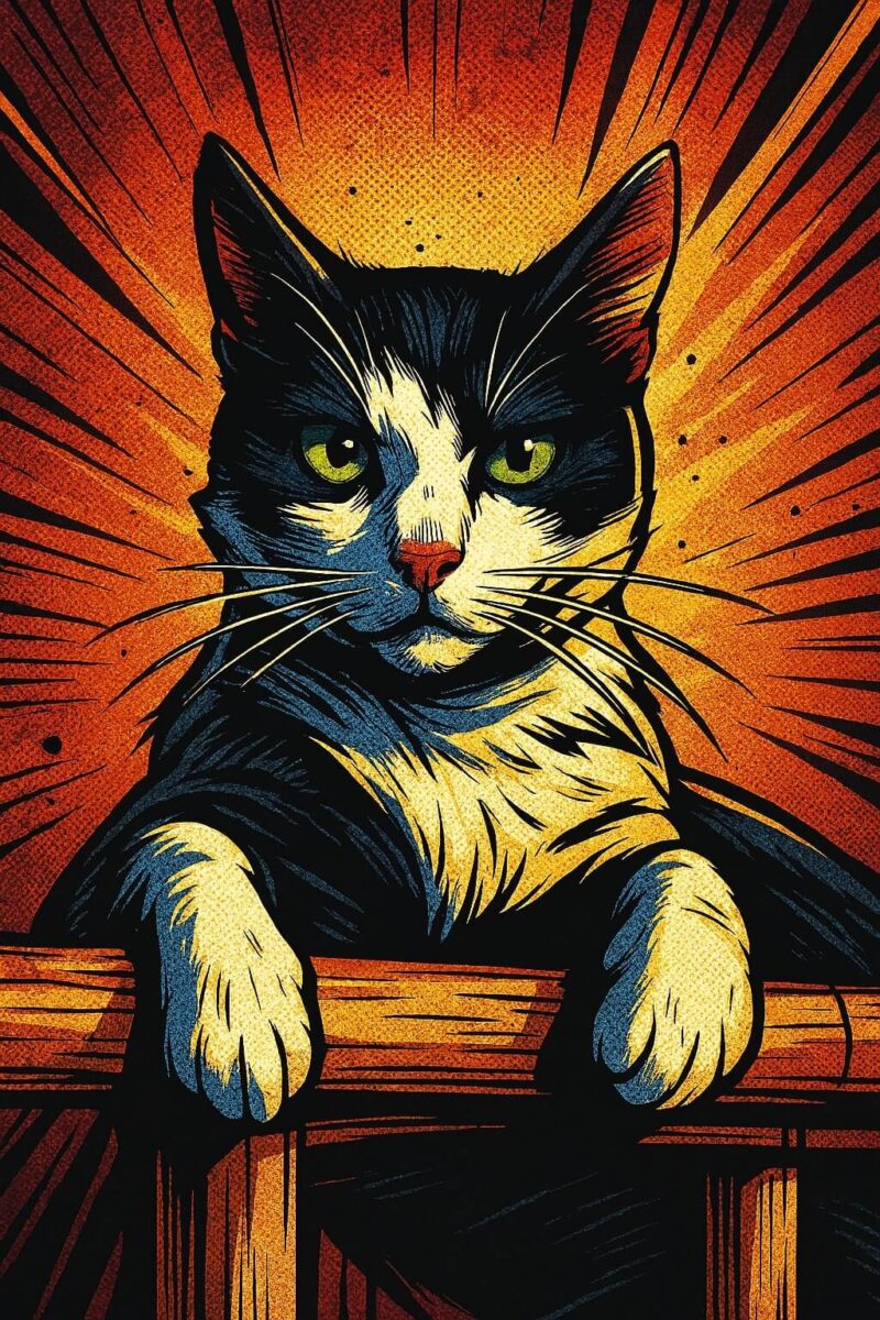 A comic book style image of a cat