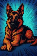 A comic book style image of a German Shepherd