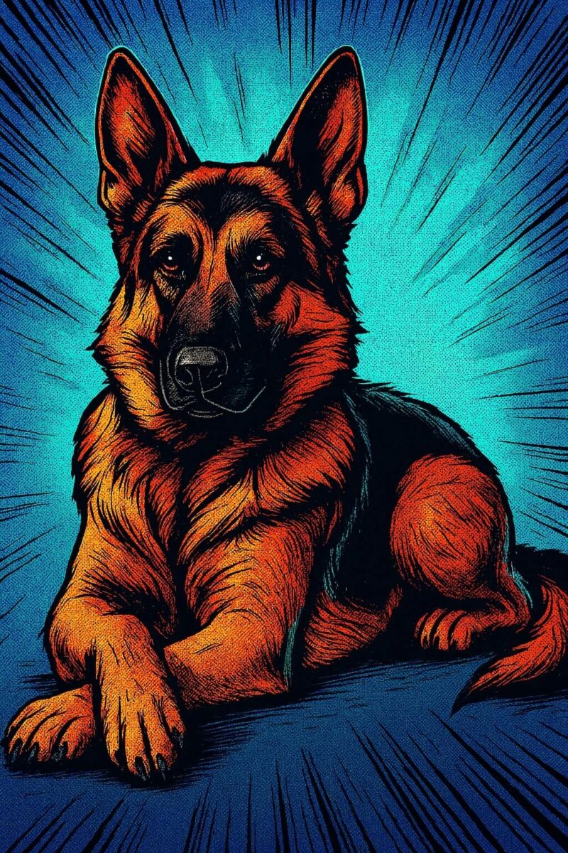A comic book style image of a German Shepherd