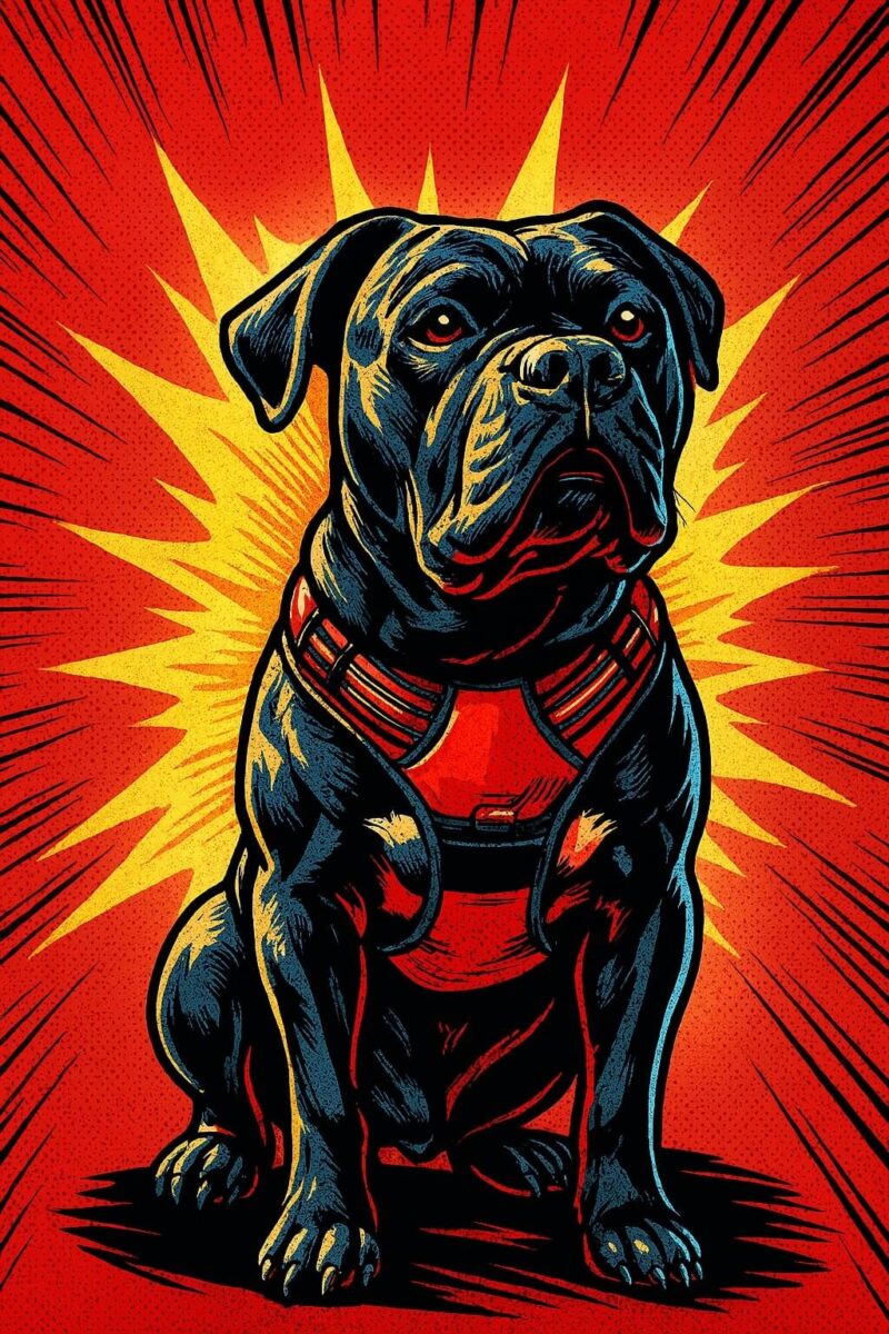 A comic book style image of a Cane Corso