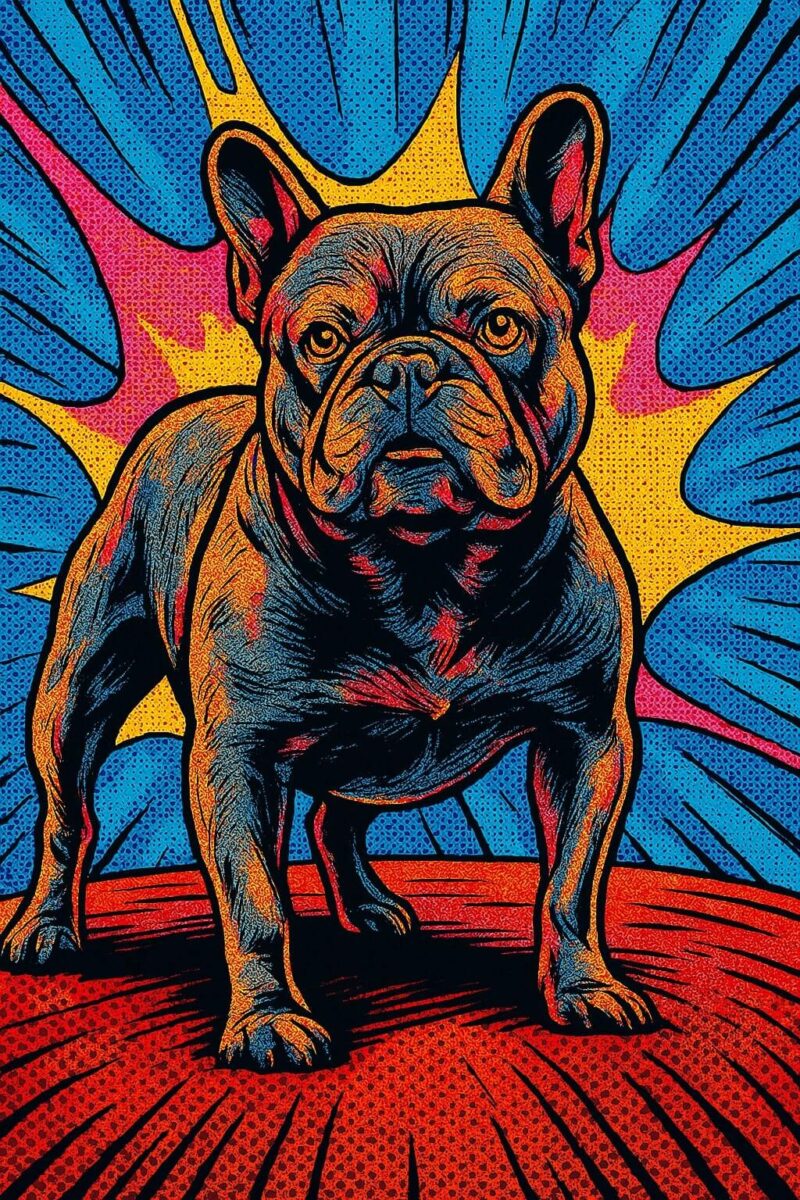 A comic book style image of a French Bulldog