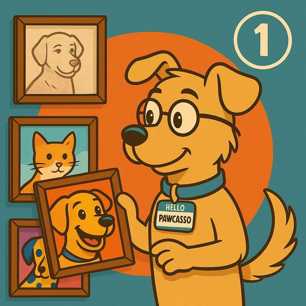 Pawcasso mascot cartoon dog selecting pet portraits off a wall