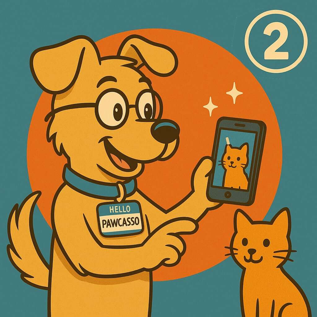 Pawcasso mascot cartoon dog taking a photo of a cat on his phone