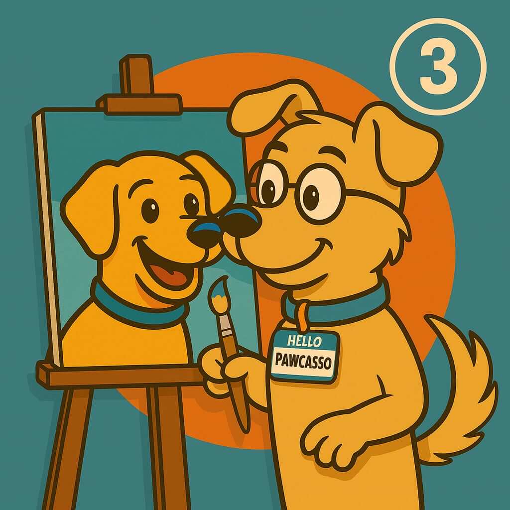 Pawcasso mascot cartoon dog painting a portrait of another dog