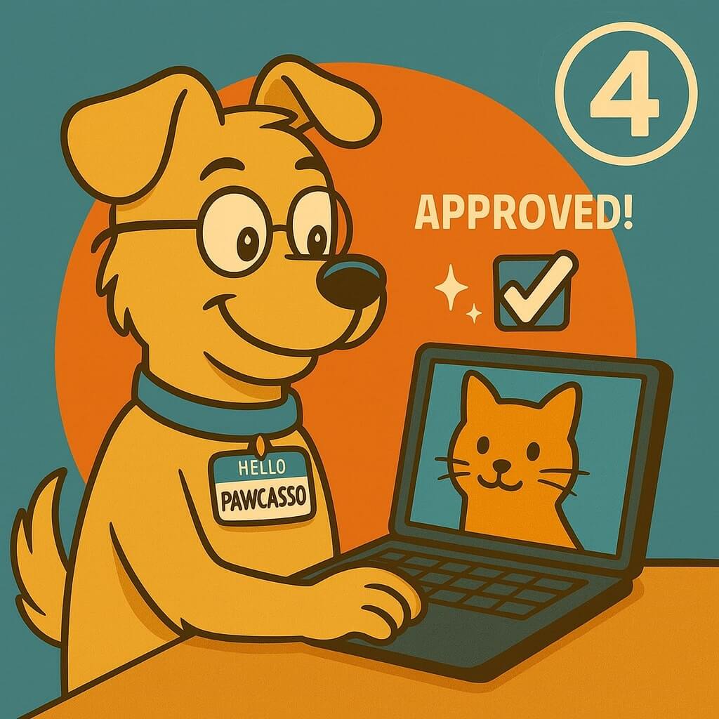 Pawcasso mascot cartoon dog approving a portrait of a cat on a laptop