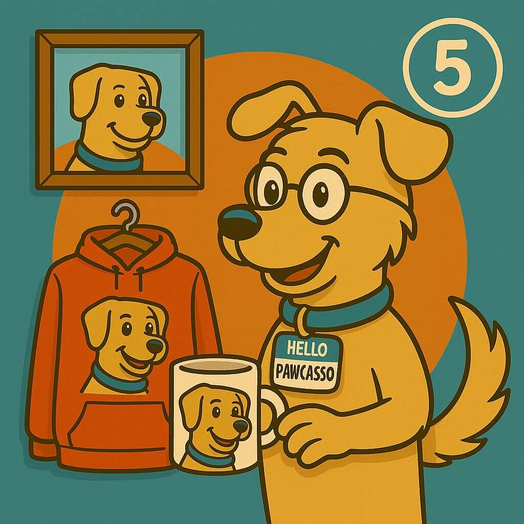 Pawcasso mascot cartoon dog browsing a range of pet portrait related merchandise