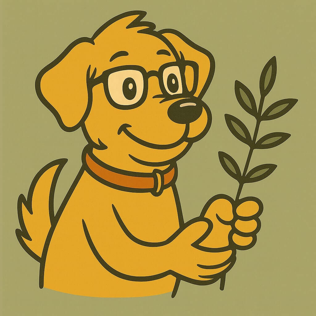 Pawcasso mascot cartoon dog on a green background holding a large leaf in his hand