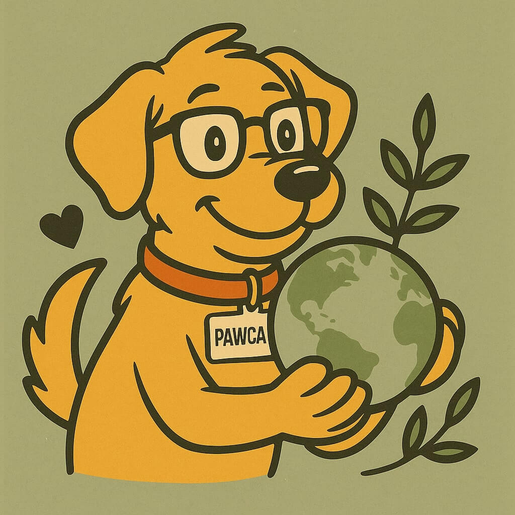 Pawcasso mascot cartoon dog on a green background holding a globe in his hand