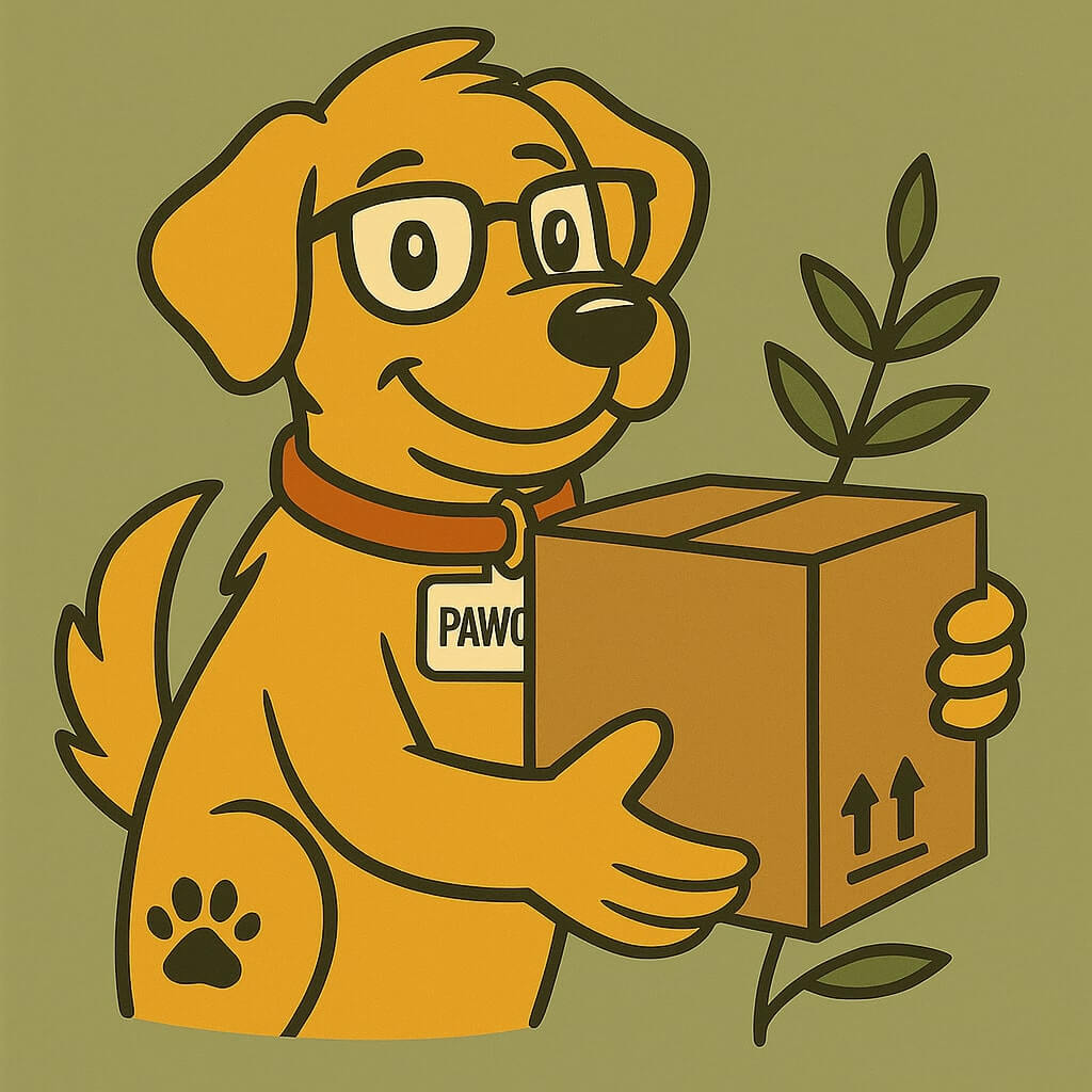 Pawcasso mascot cartoon dog on a green background holding a cardboard box in his hand