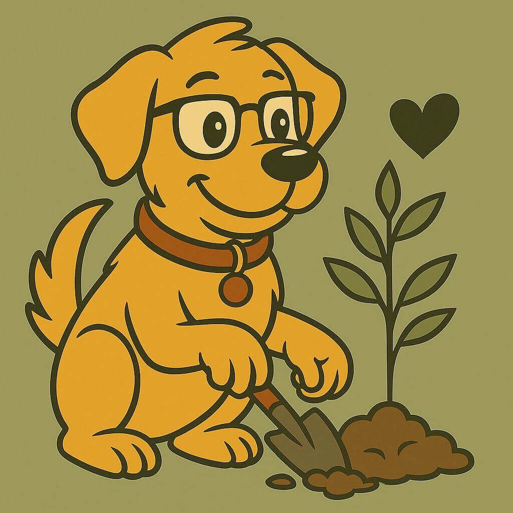 Pawcasso mascot cartoon dog on a green background planting a small plant with a spade