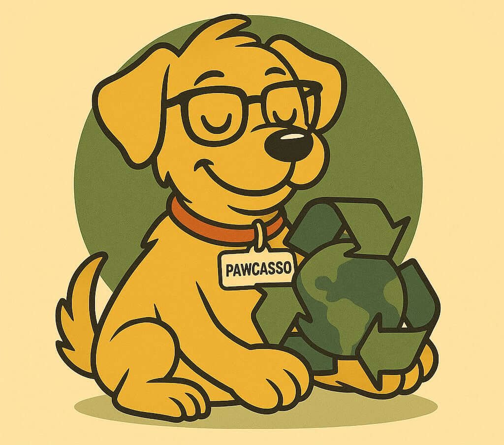 Pawcasso mascot cartoon dog on a green background holding a recycling symbol in his hand