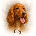 Signature Splash style portrait of a Spaniel with the name Lucy written underneath