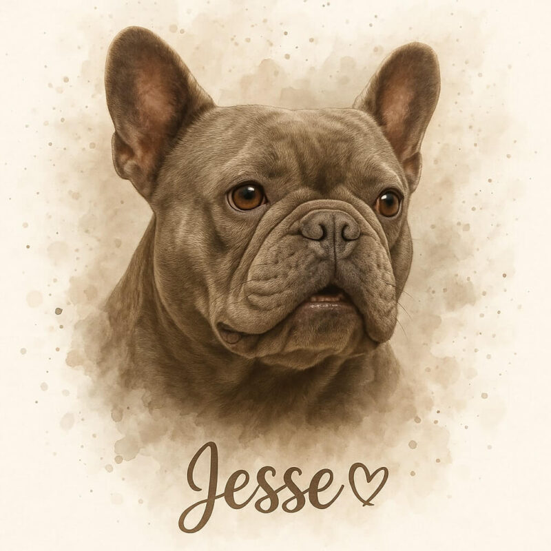 Signature Splash style portrait of a French Bulldog with the name Jessie underneath